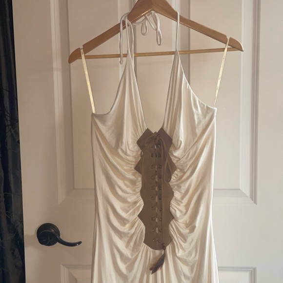 SKY Brand Halter Gown Dramatic Open Back Rayon Spandex Blend Pocahontas Large - Picture 6 of 11